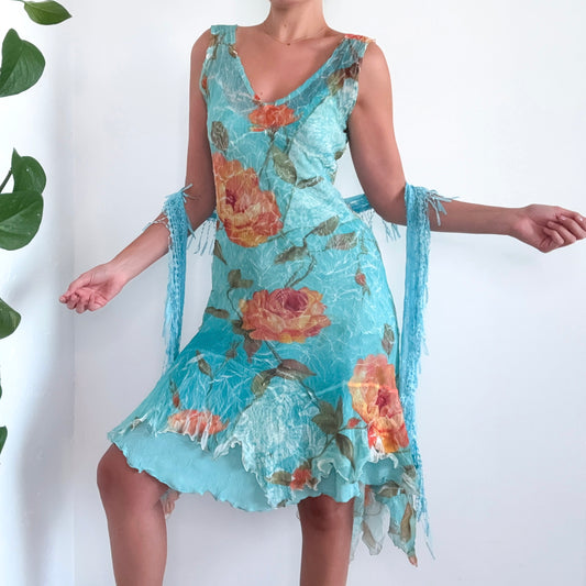 Y2K Turquoise & Orange Crinkle Pleat Floral Dress / SZ M
