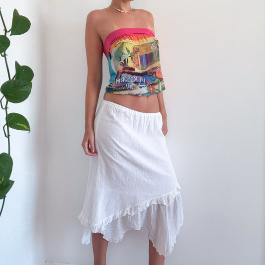 Y2K White Cotton Gauzy Midi Skirt / SZ XS-M