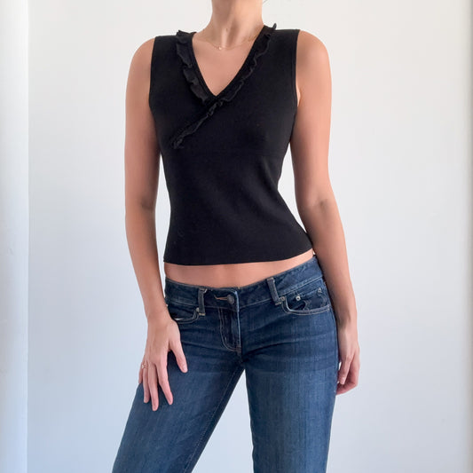 Y2K Black Knit Ruffle Wrap Style Top / SZ S