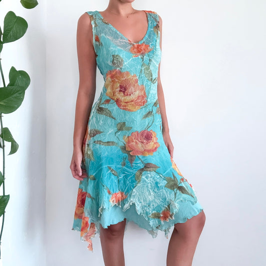 Y2K Turquoise & Orange Crinkle Pleat Floral Dress / SZ M