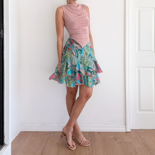Y2K Blue & Pink Paisley Silk Skirt / SZ 4