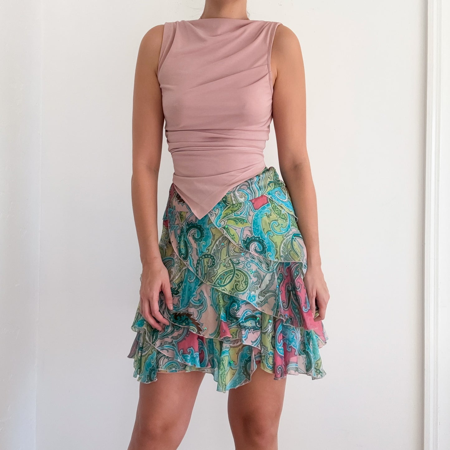 Y2K Blue & Pink Paisley Silk Skirt / SZ 4