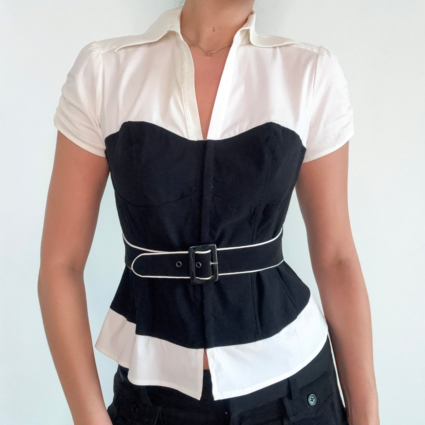 Y2K White & Black Layered Look Blouse / SZ 4