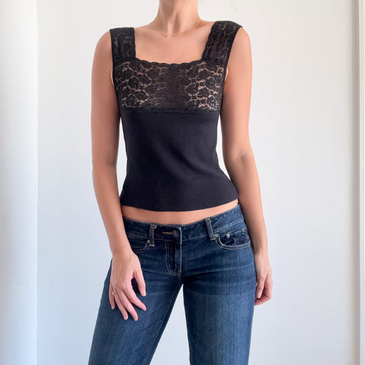 Y2K Black Cotton Lace Tank / SZ S