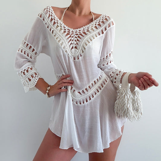 Y2K White Gauzy Crochet Coverup Dress / SZ S-L