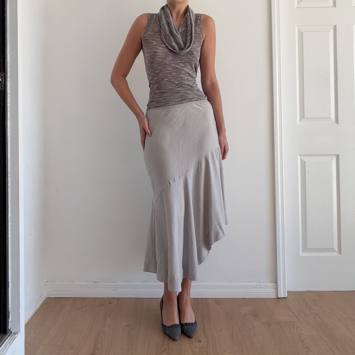Y2K Light Grey Linen Maxi Skirt / SZ XS-S