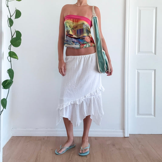 Y2K White Cotton Gauzy Midi Skirt / SZ XS-M