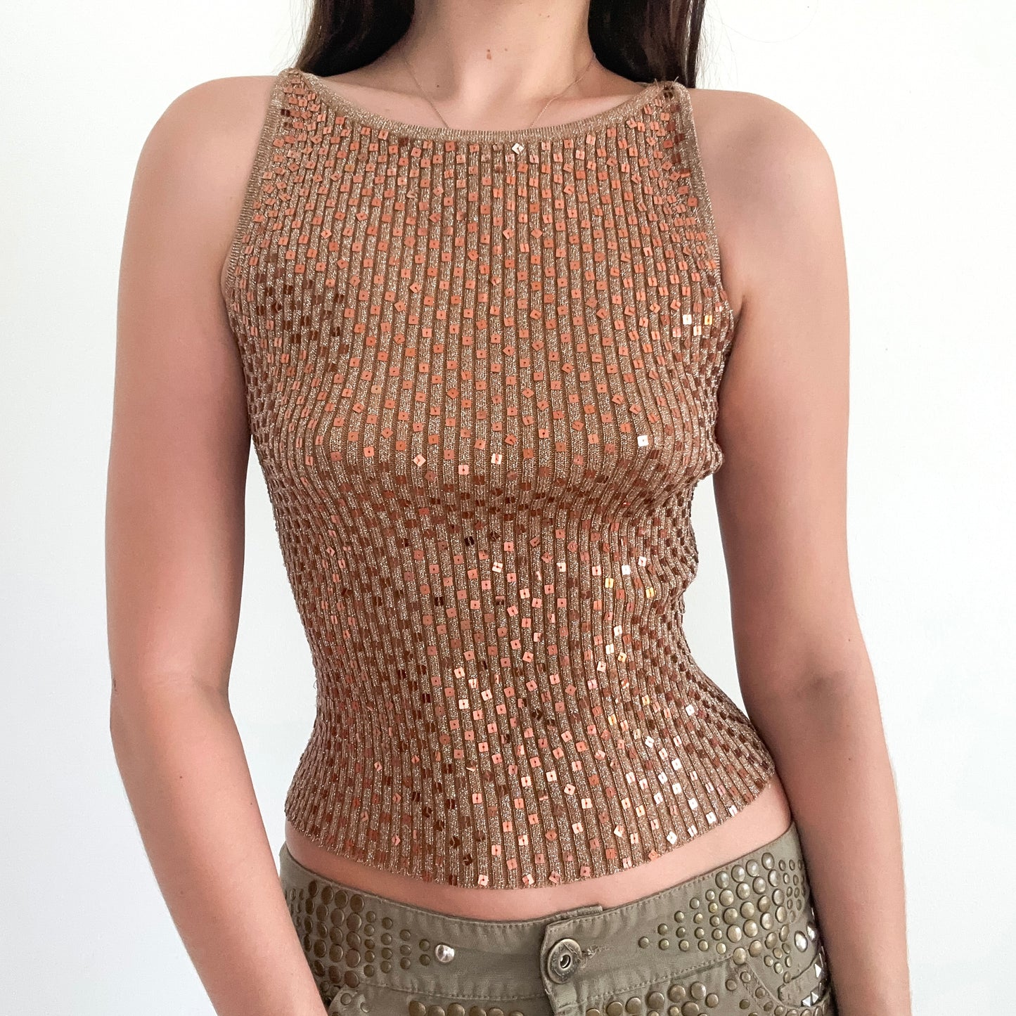 Y2K Bronze Sequin Sparkle Knit Top / SZ S