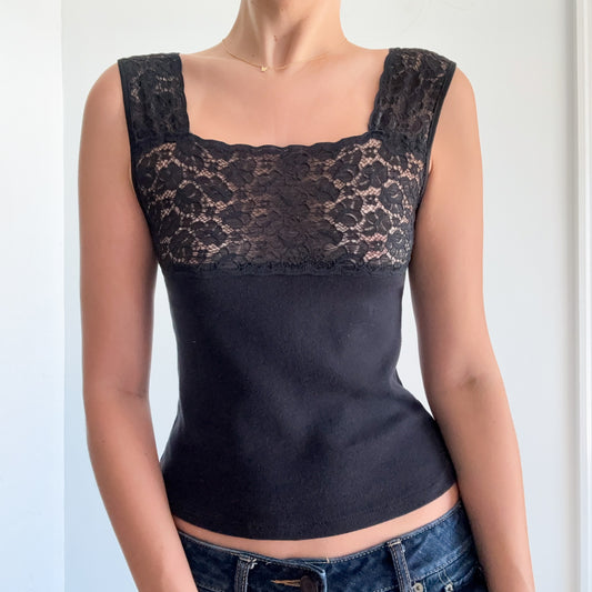 Y2K Black Cotton Lace Tank / SZ S