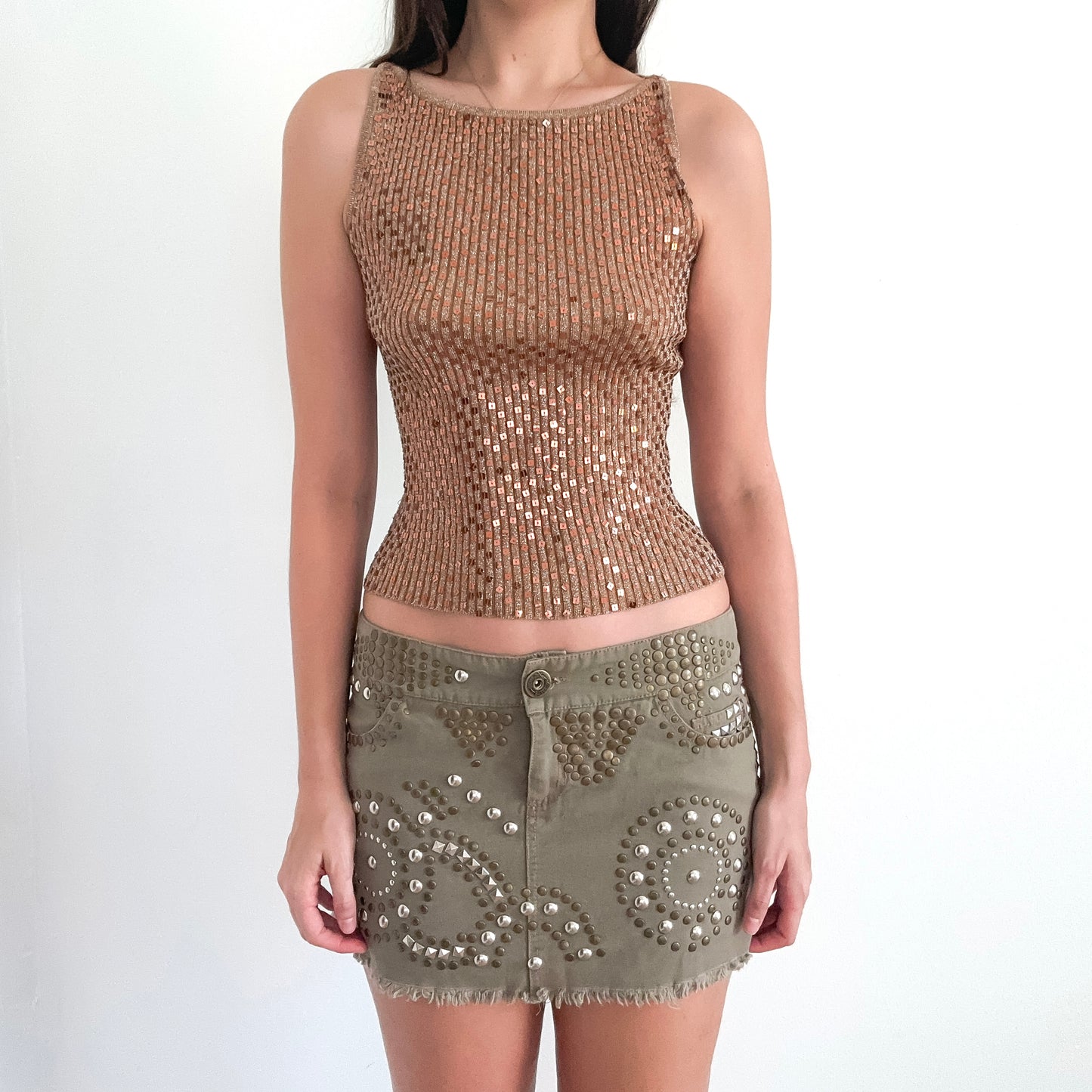 Y2K Bronze Sequin Sparkle Knit Top / SZ S