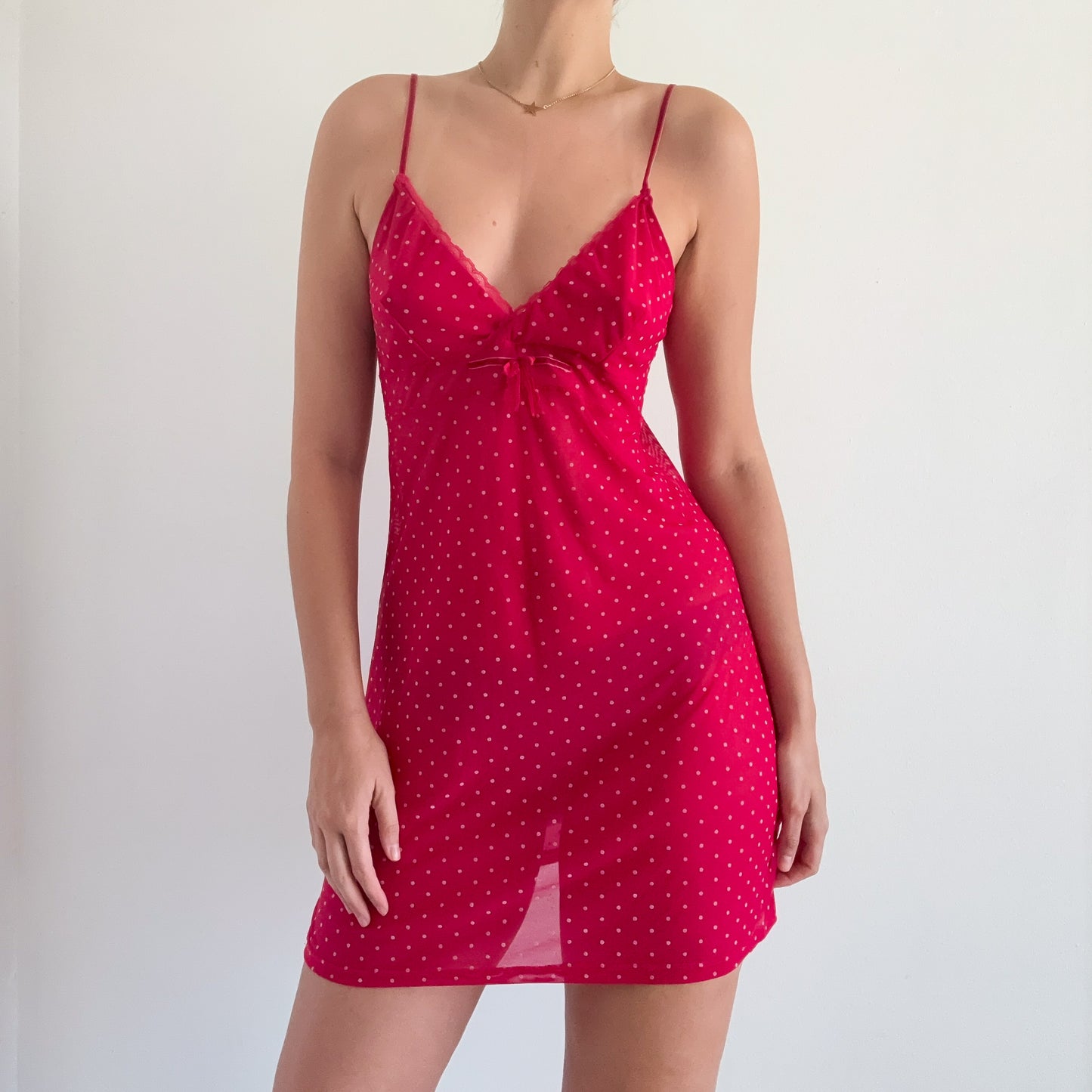 Y2K Hot Pink Polka Dot Mesh Nighty / SZ M