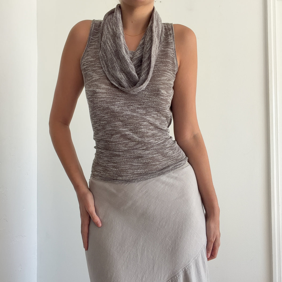 Y2K Grey Speckle Knit Cowl Neck Top / SZ M