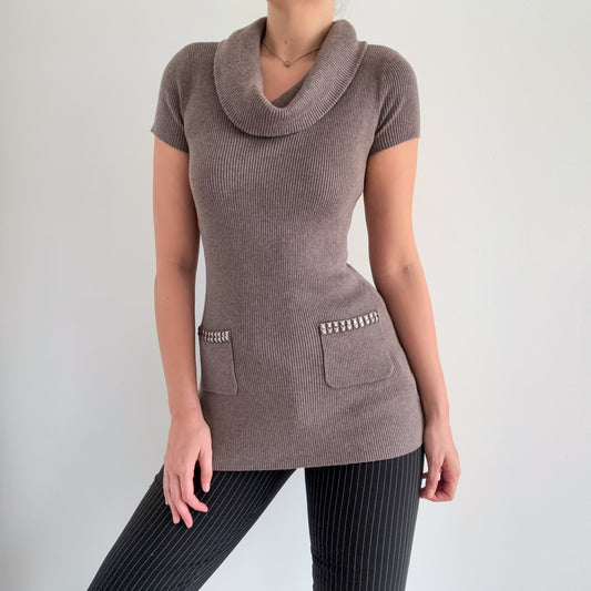 Y2K Taupe Knit Studded Cowl Neck Top / SZ S/M
