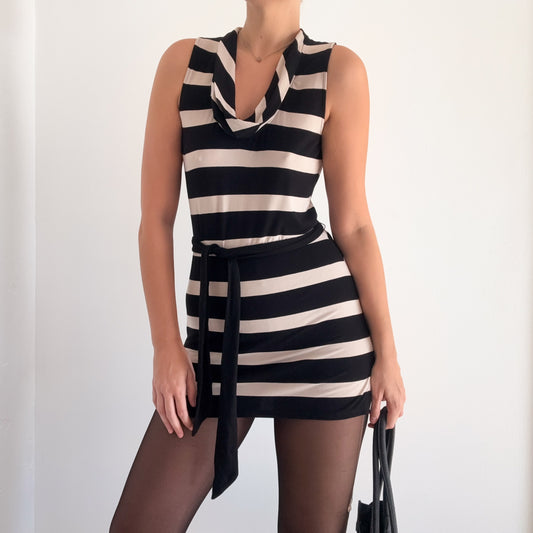 Y2K Black & Taupe Striped Modal Mini Dress / SZ S