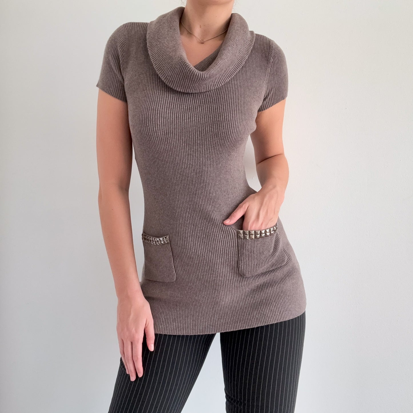 Y2K Taupe Knit Studded Cowl Neck Top / SZ S/M