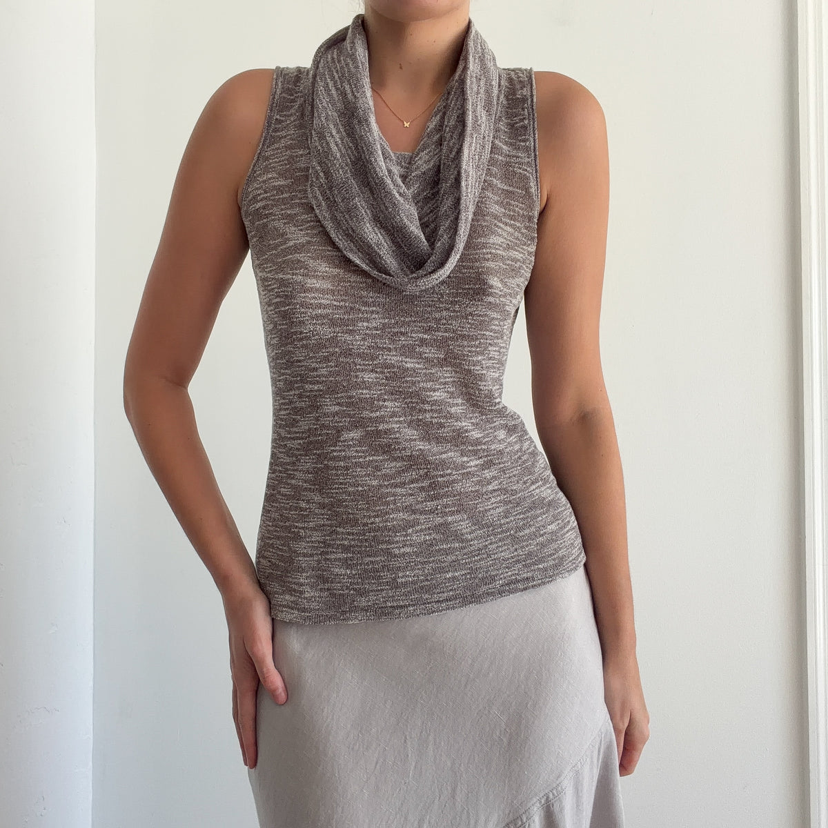 Y2K Grey Speckle Knit Cowl Neck Top / SZ M