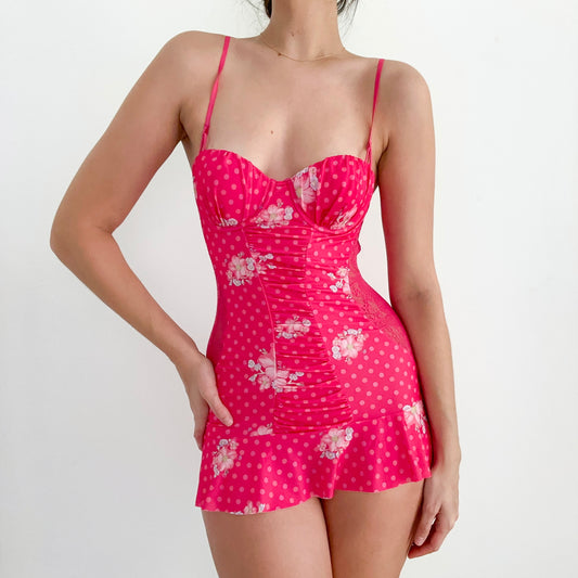 VS Hot Pink Polka Dot Floral Babydoll / SZ 34C