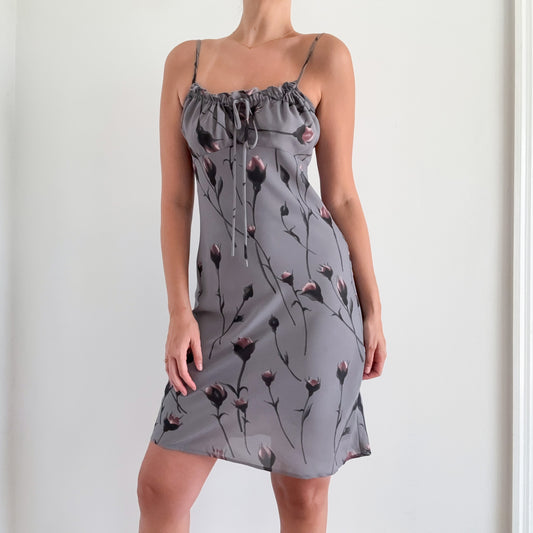 Y2K Grey Floral Sweetheart Dress / SZ M