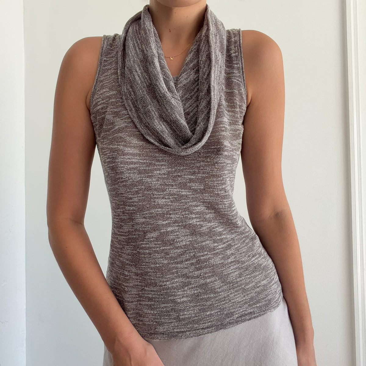 Y2K Grey Speckle Knit Cowl Neck Top / SZ M