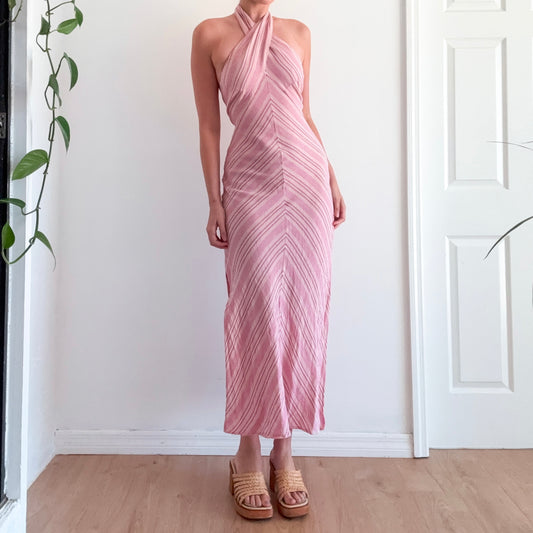 Y2K Pink Linen Chevron Maxi Dress / SZ S