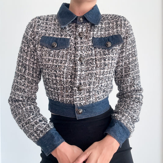 90's Tweed & Denim Cropped Jacket / SZ S