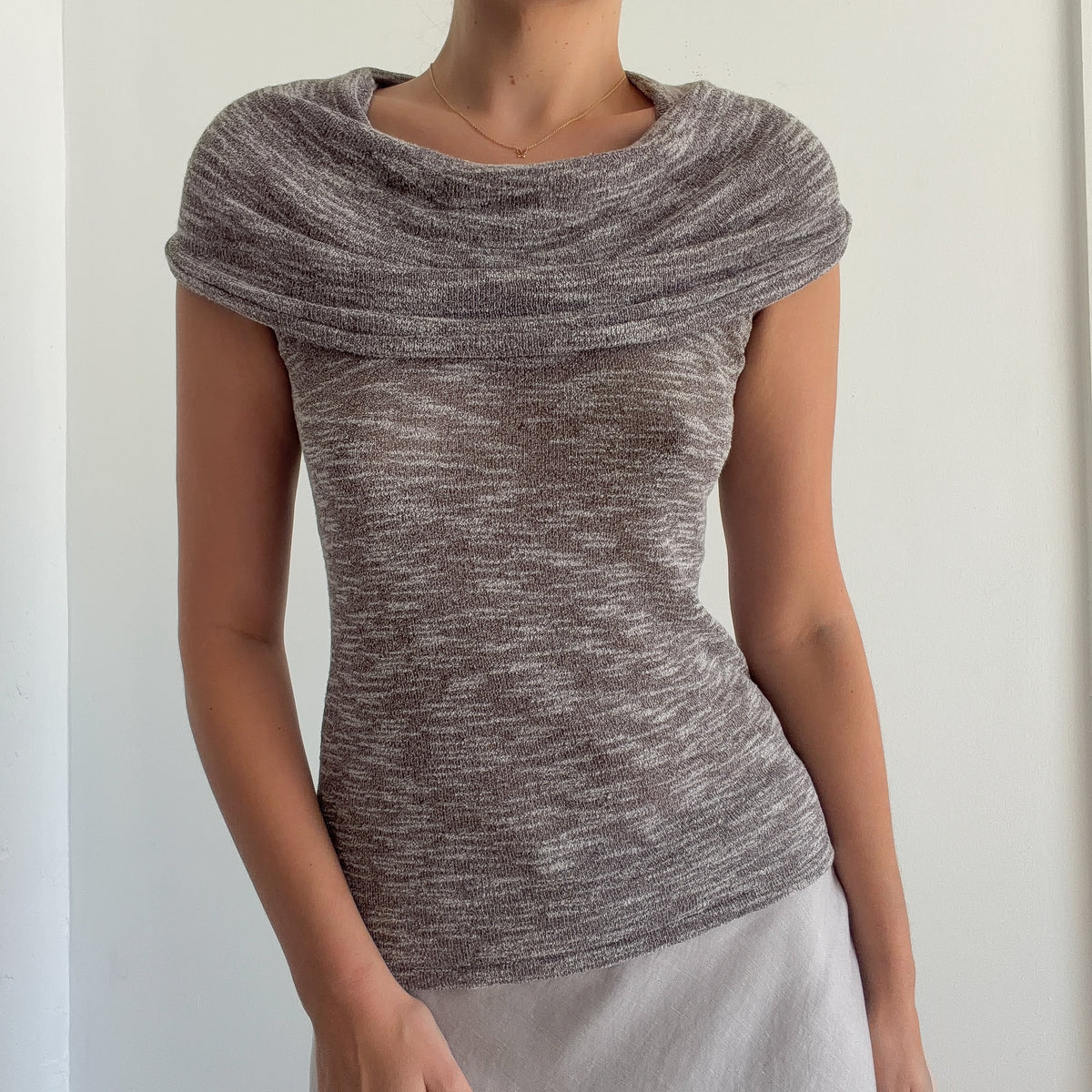 Y2K Grey Speckle Knit Cowl Neck Top / SZ M