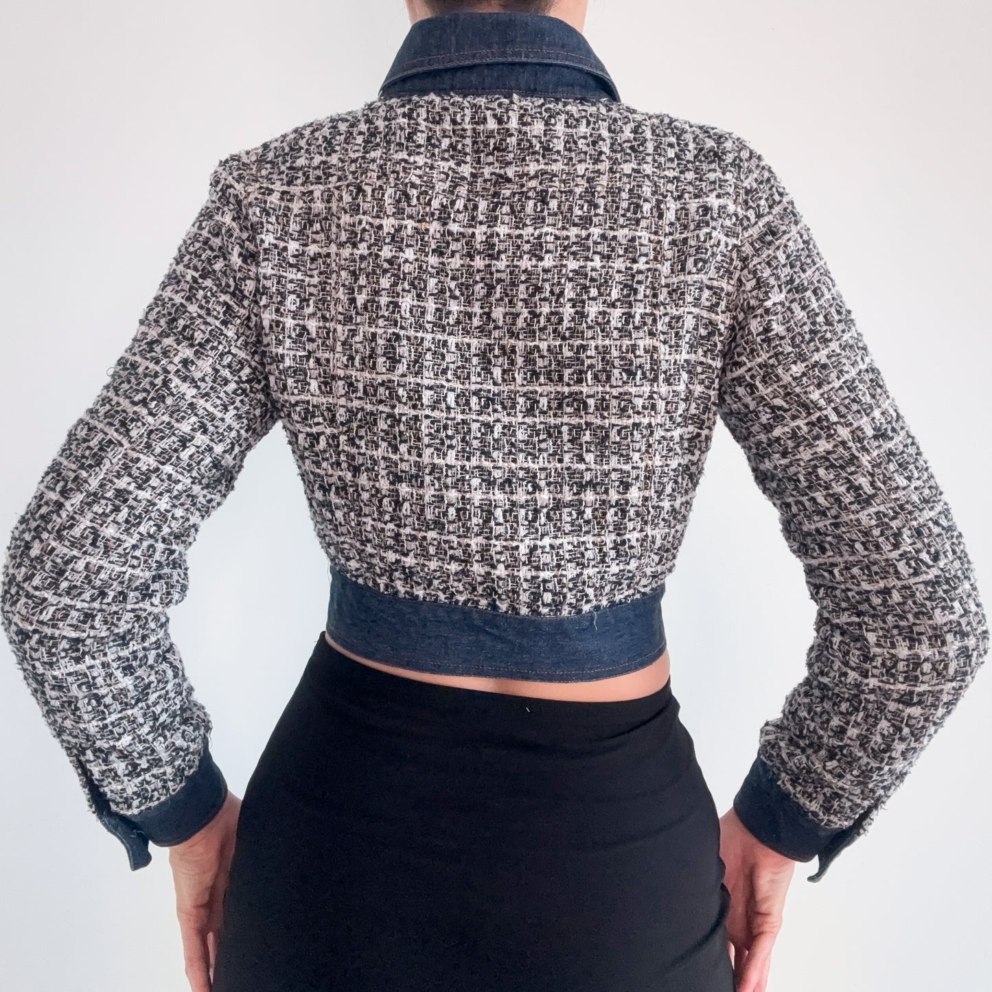 90's Tweed & Denim Cropped Jacket / SZ S