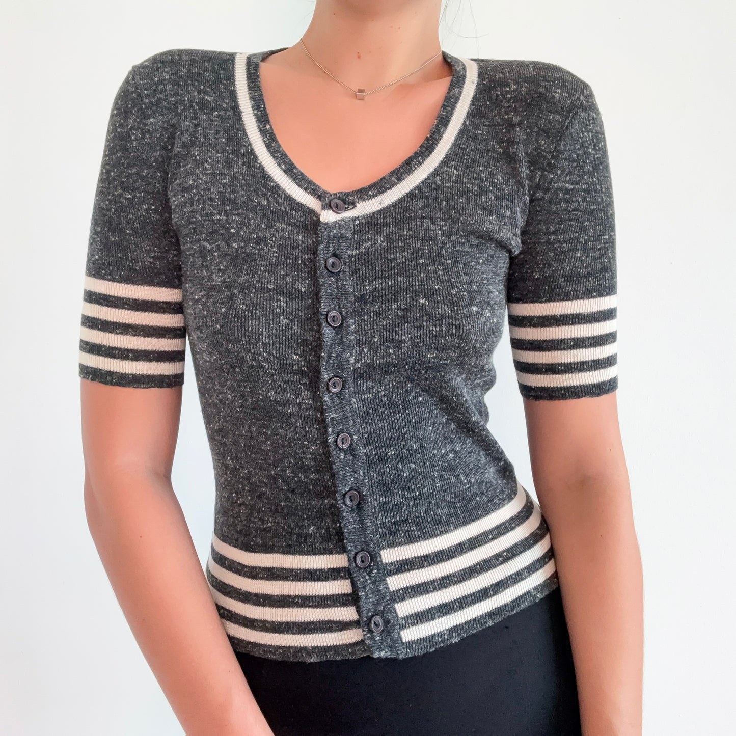 70's Grey & Ivory Knit Varsity Cardigan / SZ S-M