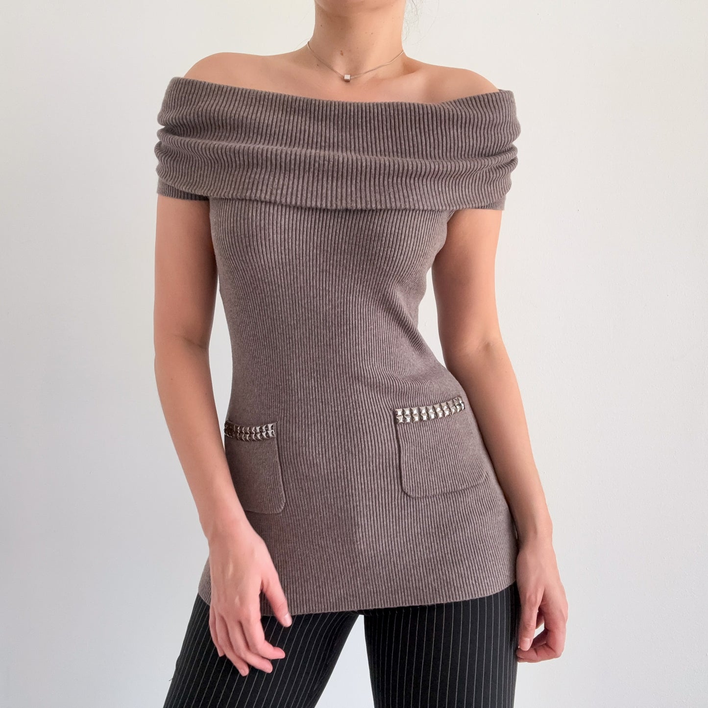 Y2K Taupe Knit Studded Cowl Neck Top / SZ S/M