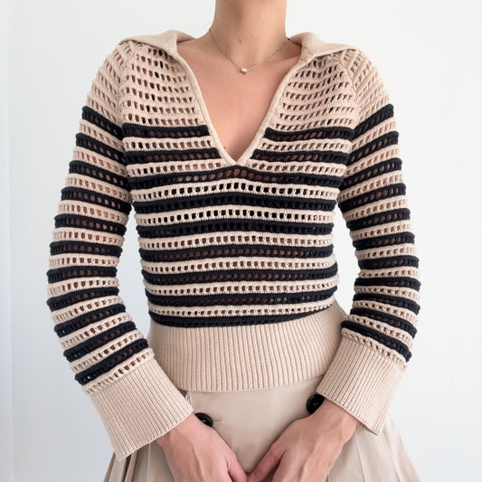 J. Crew Beige & Black Cotton Knit Pullover / SZ XS-M