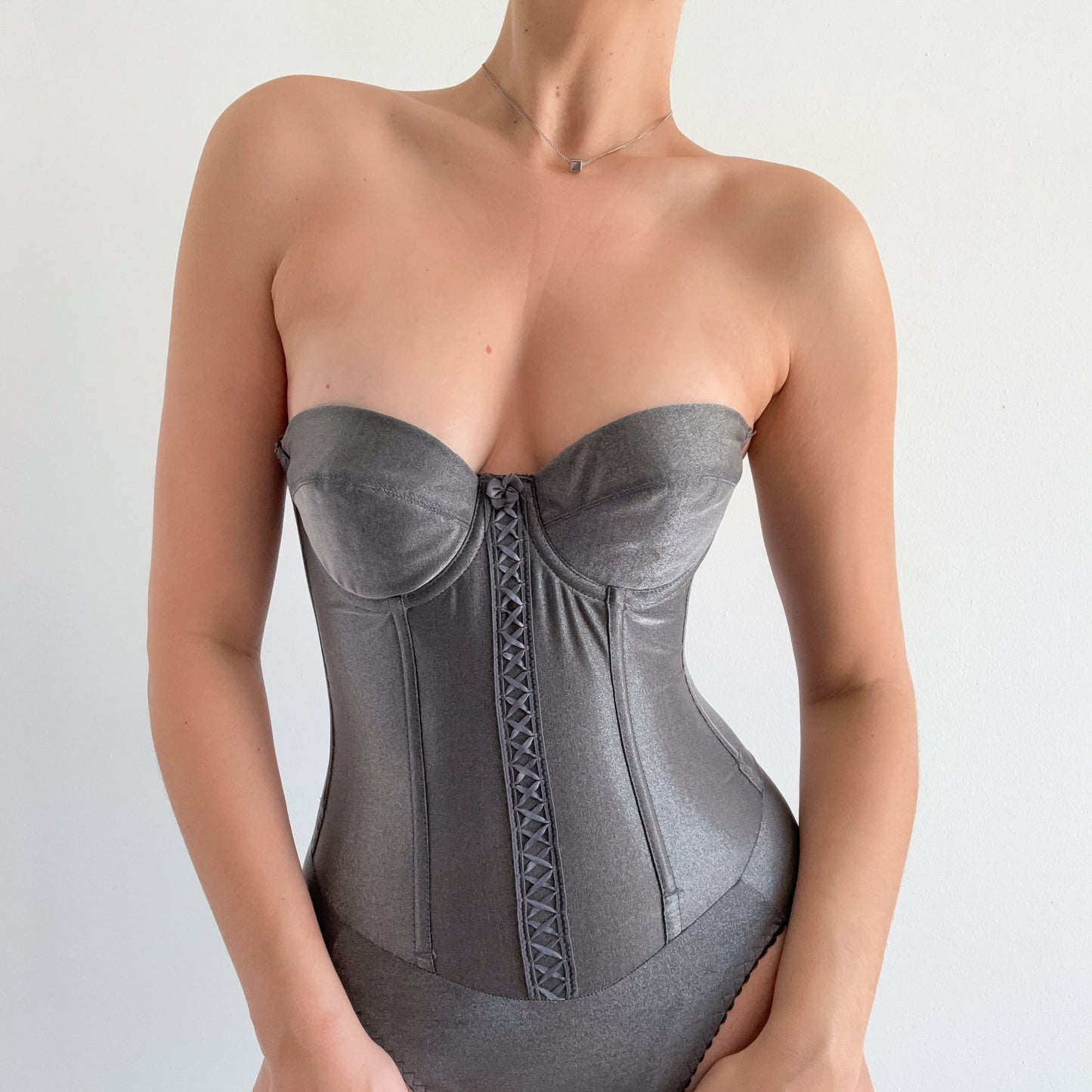 80's Grey Metallic Bustier Swimsuit / SZ 34B