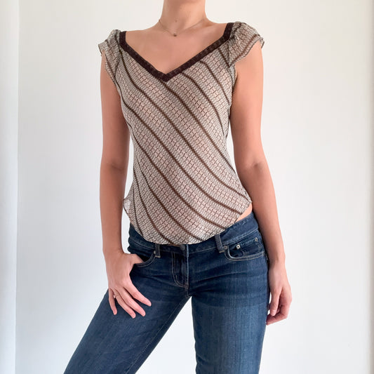 Y2K Brown & Aqua Printed Silk Blouse / SZ S/M