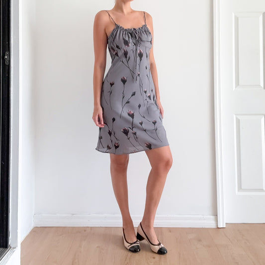 Y2K Grey Floral Sweetheart Dress / SZ M
