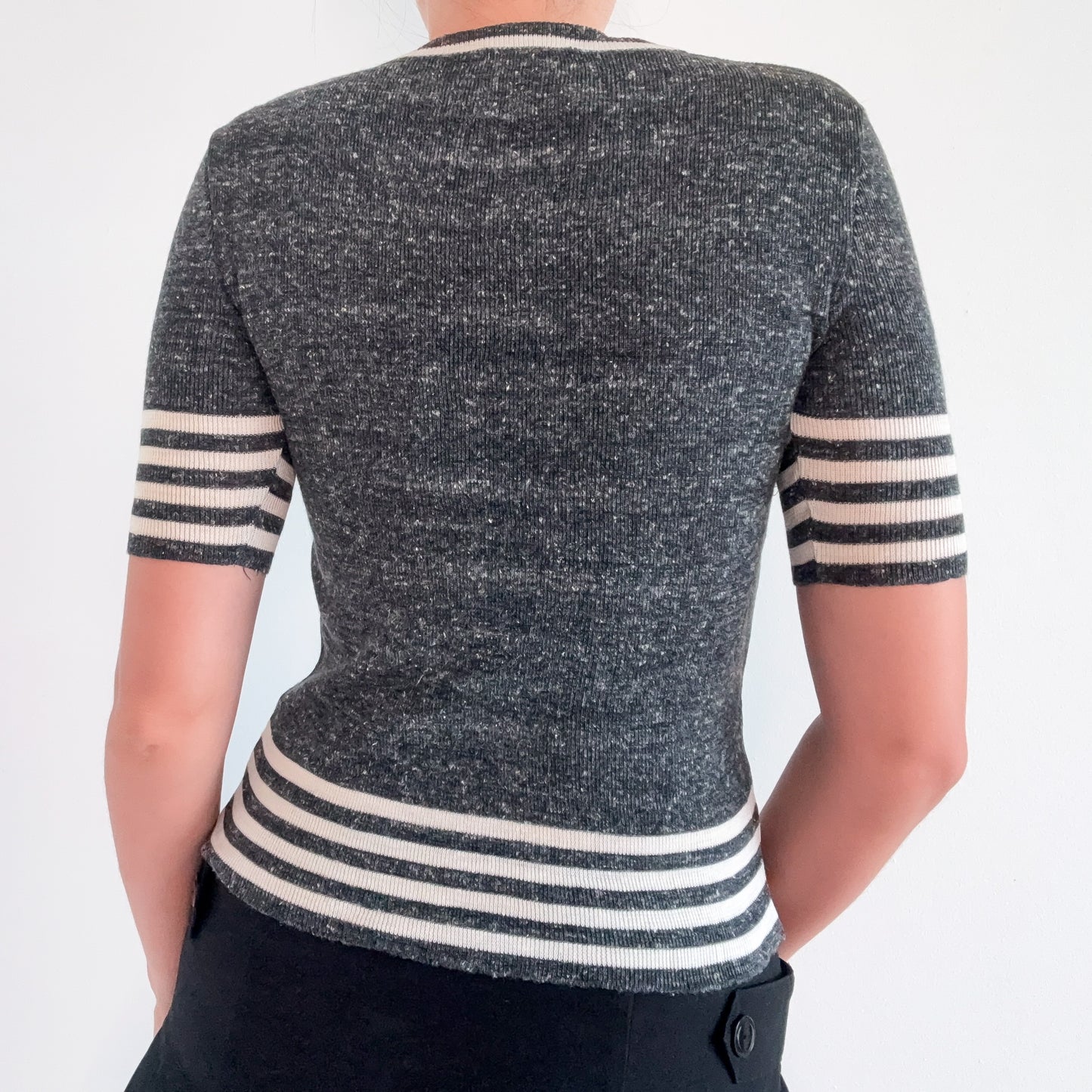 70's Grey & Ivory Knit Varsity Cardigan / SZ S-M