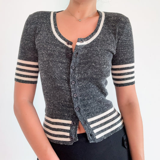 70's Grey & Ivory Knit Varsity Cardigan / SZ S-M