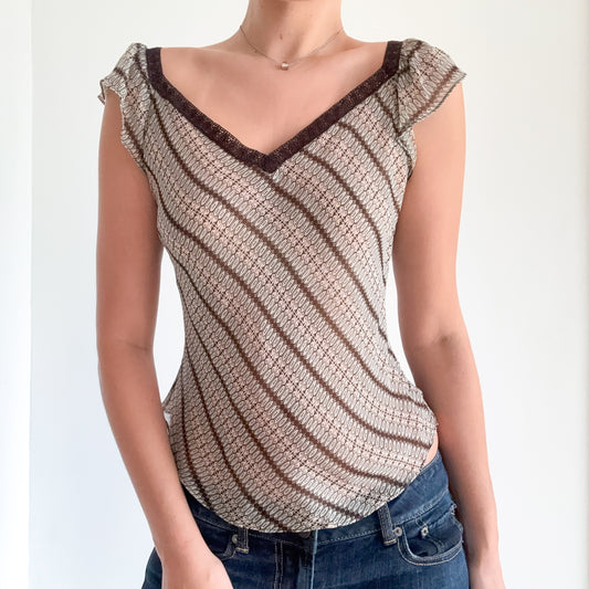 Y2K Brown & Aqua Printed Silk Blouse / SZ S/M