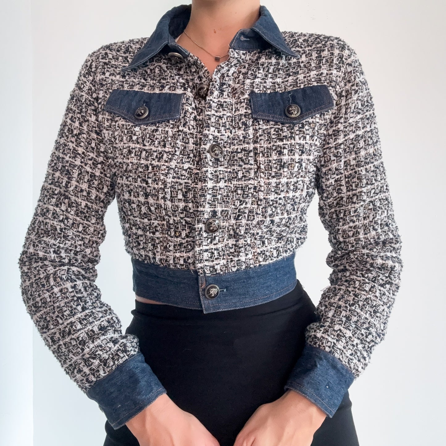 90's Tweed & Denim Cropped Jacket / SZ S