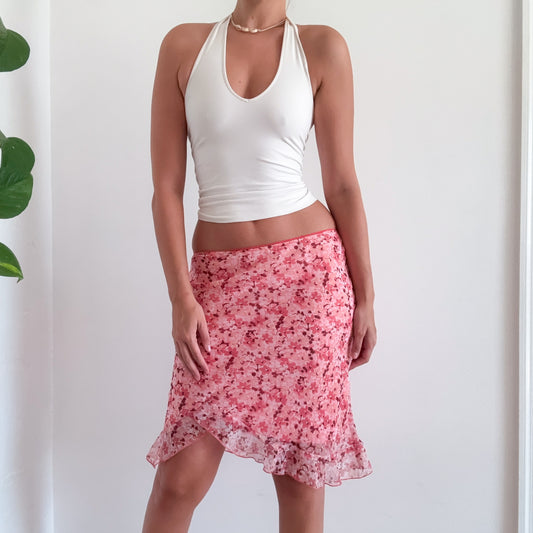 Y2K Pink Floral Chiffon Midi Skirt / SZ XS-S