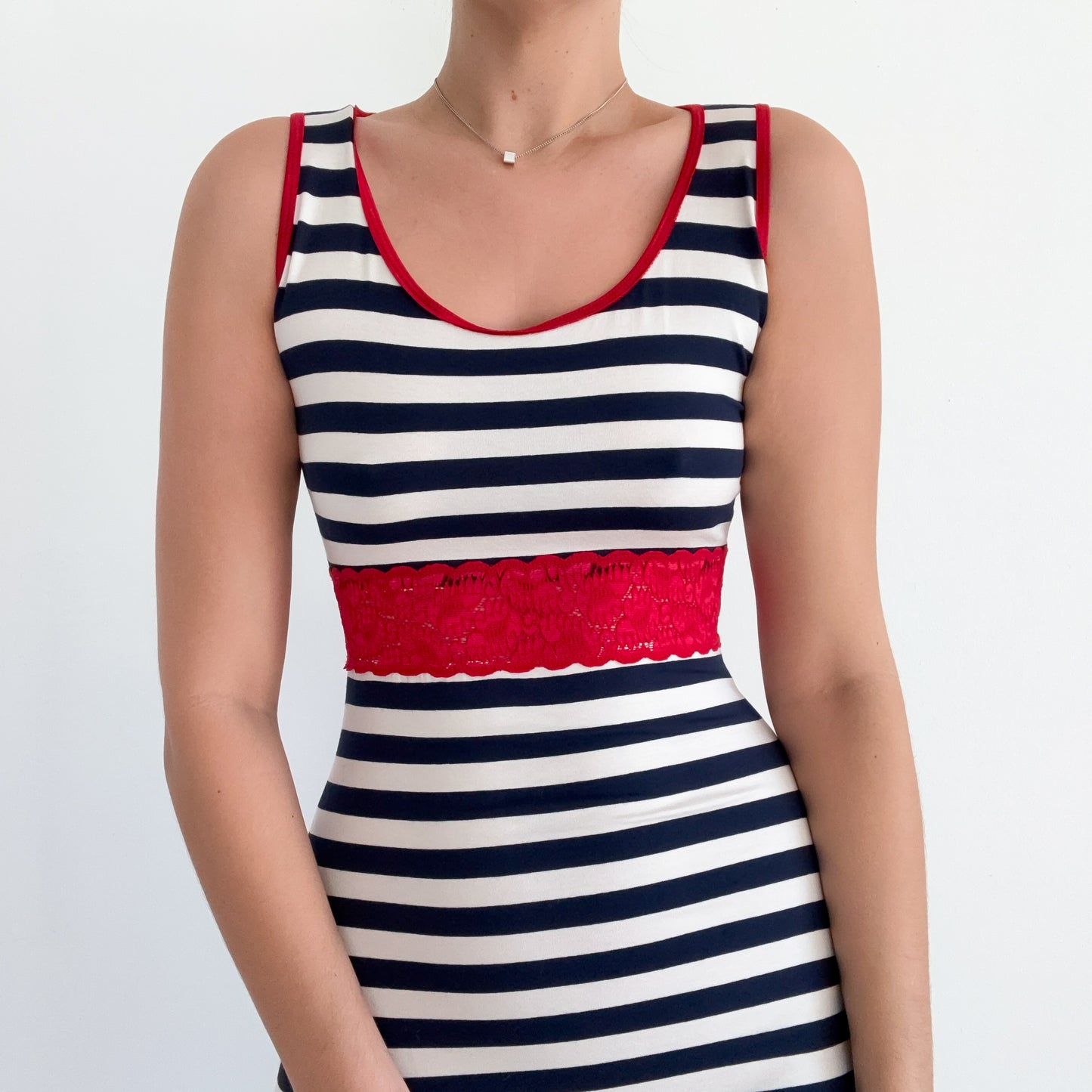 Y2K Navy White & Red Striped Lace Dress / SZ S