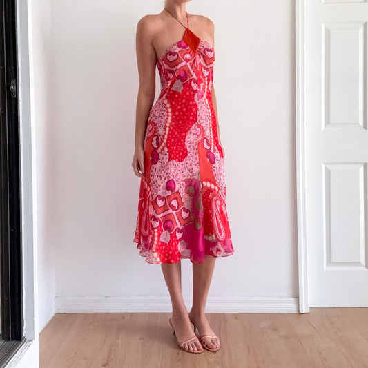 Y2K Pink & Orange Floral Midi Dress / SZ S