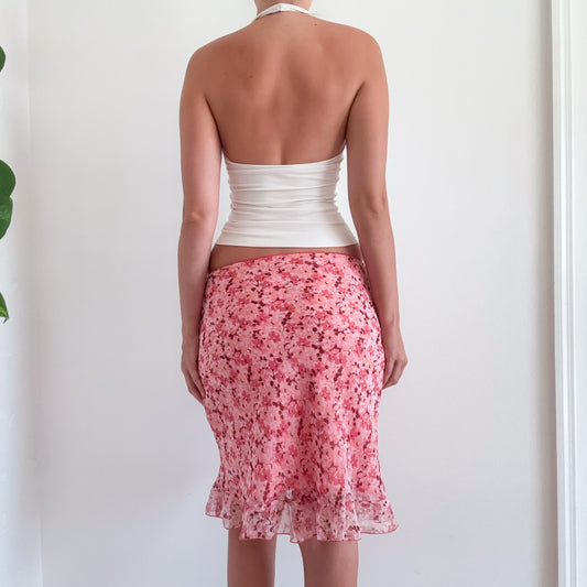 Y2K Pink Floral Chiffon Midi Skirt / SZ XS-S