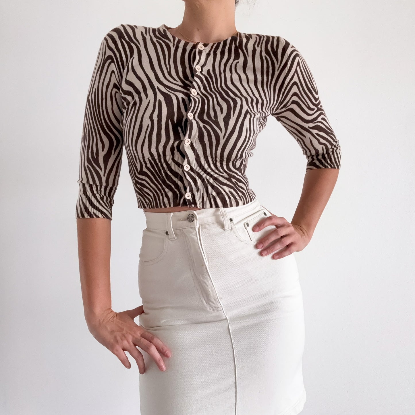 Y2K Brown & Ecru Knit Zebra Cardigan / SZ S