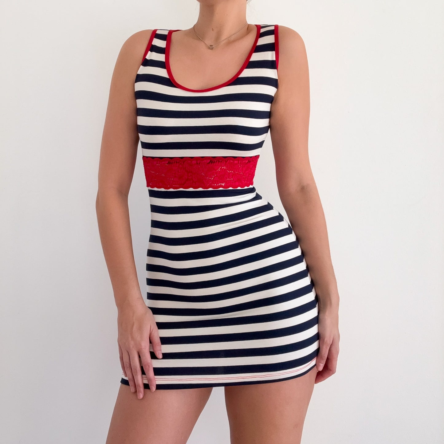 Y2K Navy White & Red Striped Lace Dress / SZ S
