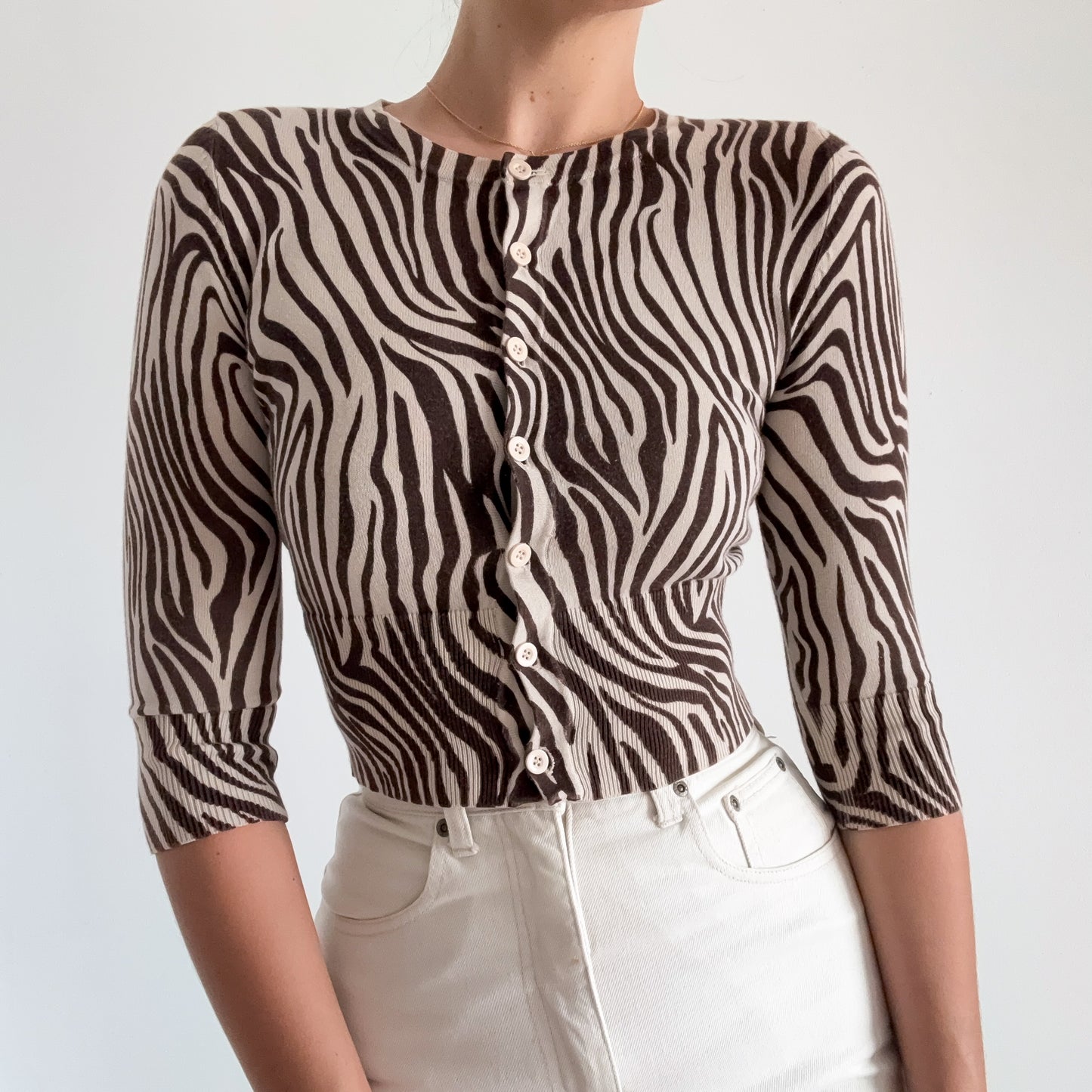 Y2K Brown & Ecru Knit Zebra Cardigan / SZ S