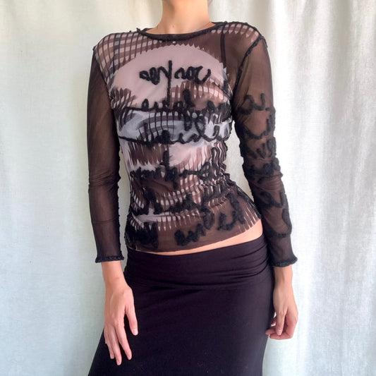 Y2K Jean Paul Gaultier Black Mesh Graphic Top / SZ S-M