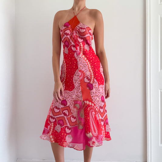 Y2K Pink & Orange Floral Midi Dress / SZ S