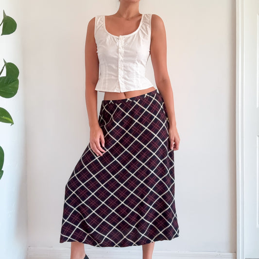 90's Navy & Red Plaid Maxi Skirt / SZ M/L