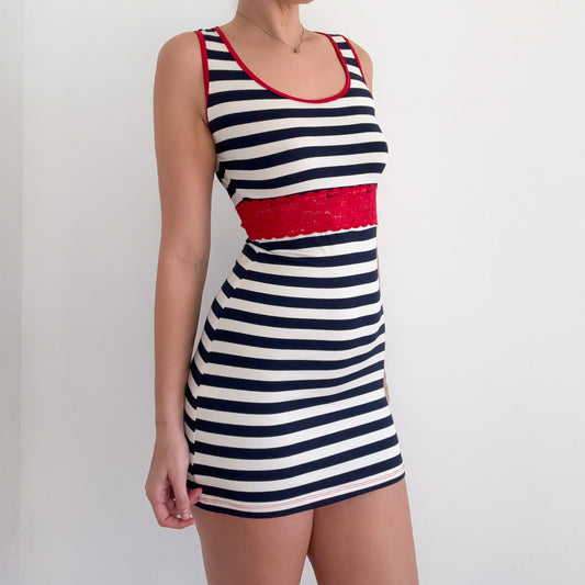 Y2K Navy White & Red Striped Lace Dress / SZ S