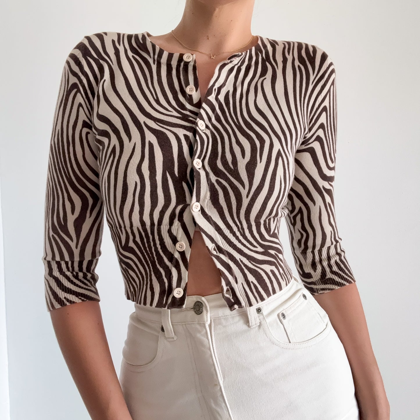 Y2K Brown & Ecru Knit Zebra Cardigan / SZ S