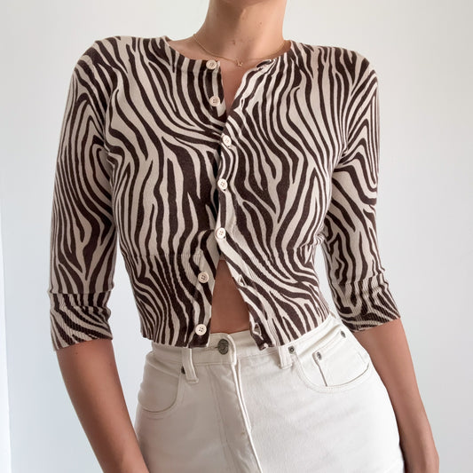 Y2K Brown & Ecru Knit Zebra Cardigan / SZ S
